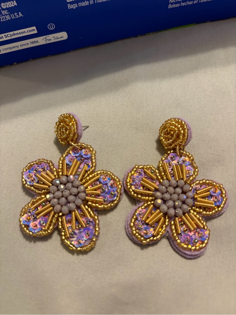 Plunder Gold and Lavender Beaded Floral Drop Earrings